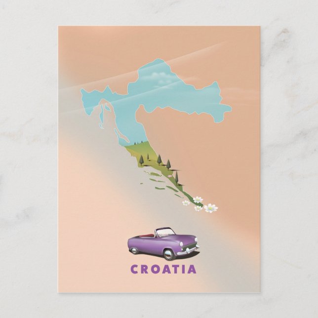 Postal Mapa de Croacia poster de impresión ilustrado. (Anverso)