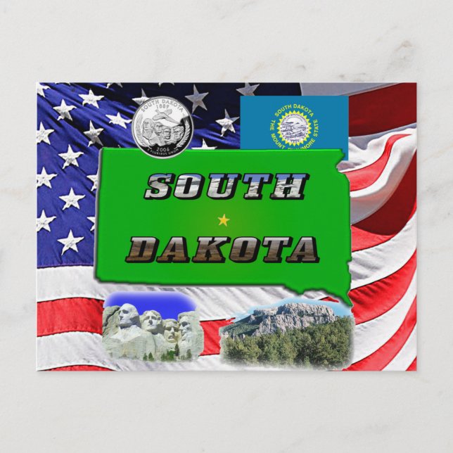 Postal Mapa de Dakota del Sur, foto de texto, falso cuart (Anverso)