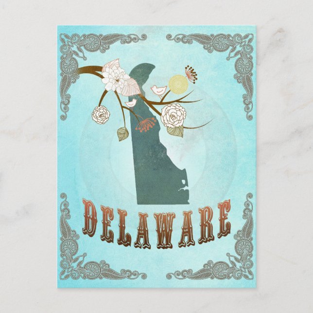 Postal Mapa De Delaware Con Aves Encantadoras (Anverso)