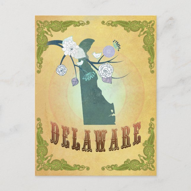 Postal Mapa De Delaware Con Aves Encantadoras (Anverso)