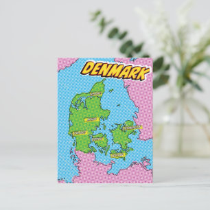 Postal Mapa de Dinamarca ilustrado con arte pop