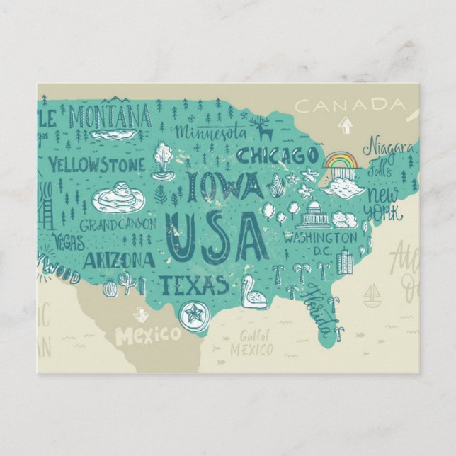 Postal Mapa de Doodle de Estados Unidos (Anverso)