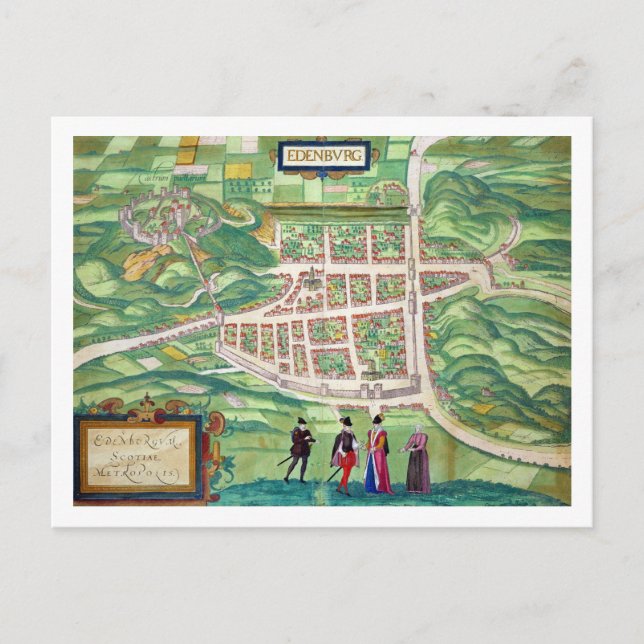 Postal Mapa de Edimburgo, de 'Civitates Orbis Terrarum' (Anverso)