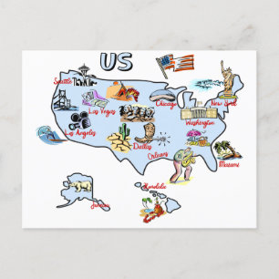 Postal mapa de EE.UU., atracciones, monumentos, las princ
