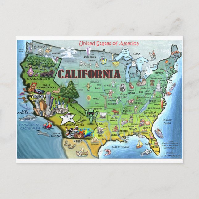 Postal Mapa de EE.UU. de California (Anverso)