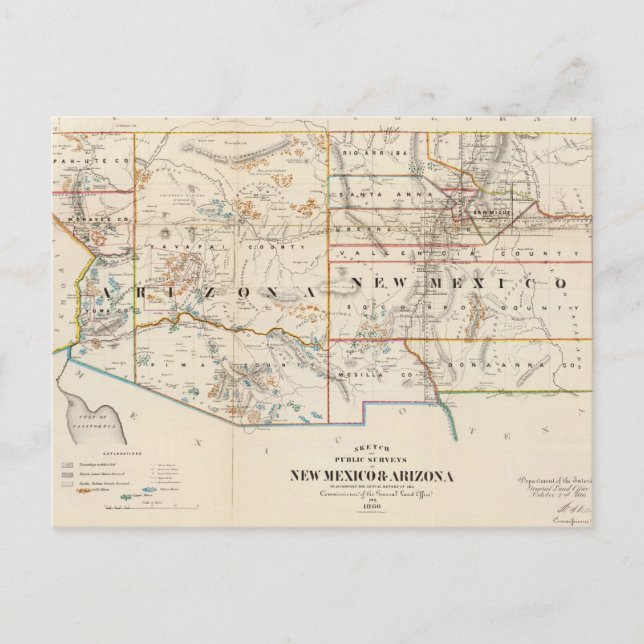 Postal Mapa de época de Arizona y Nuevo México (1866) (Anverso)
