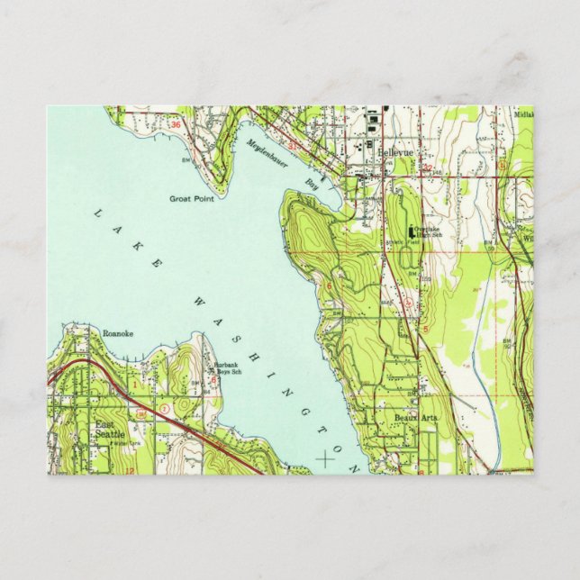 Postal Mapa de época de Bellevue Washington (Anverso)