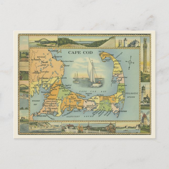 Postal Mapa de época de Cape Cod, Massachusetts (Anverso)