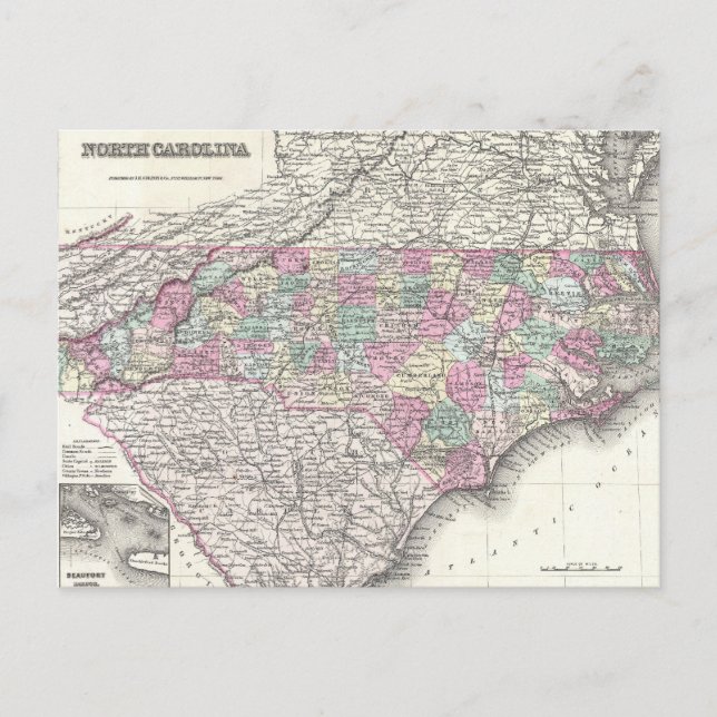 Postal Mapa de época de Carolina del Norte (1855) (Anverso)