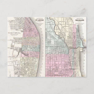 Postal Mapa de época de Chicago y St. Louis (1855)