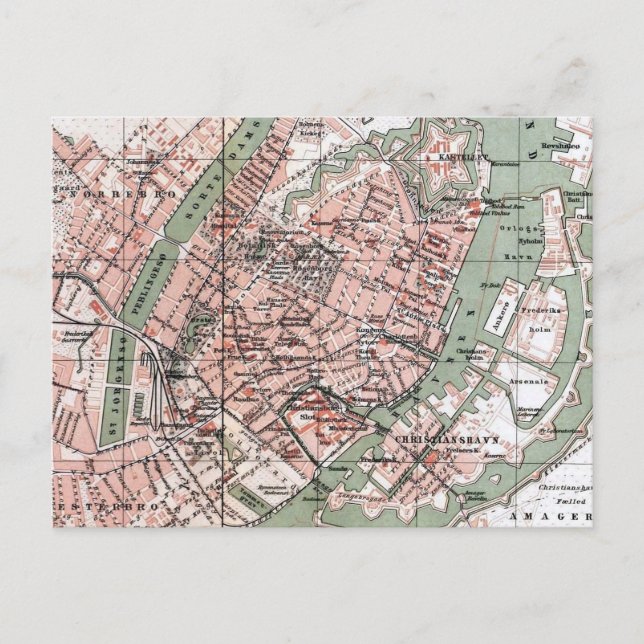 Postal Mapa de época de Copenhague Dinamarca (1888) (Anverso)