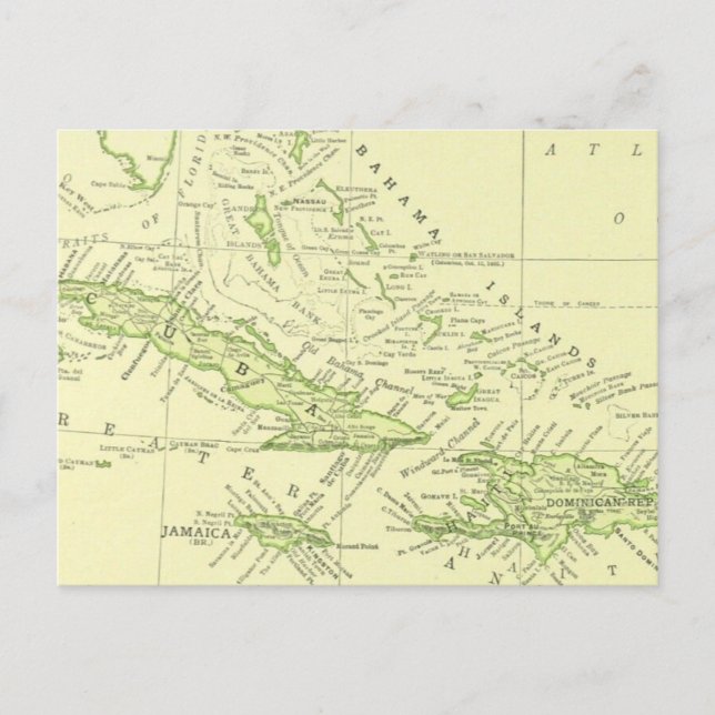 Postal Mapa de época de Cuba, Islas del Caribe y Bahamas (Anverso)