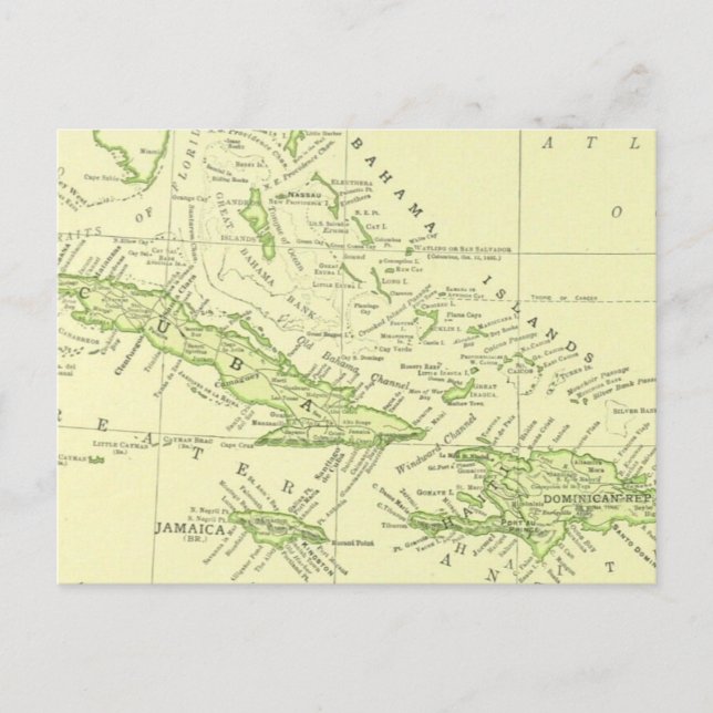 Postal Mapa de época de Cuba, Islas del Caribe y Bahamas (Anverso)
