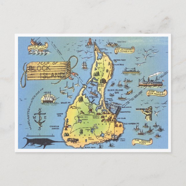 Postal Mapa de época de Isla Bloque, Isla Rhode (Anverso)