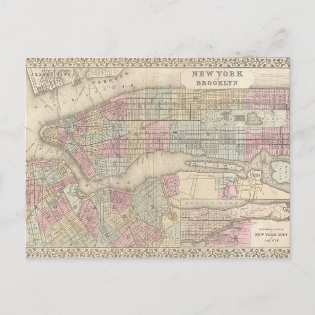 Postal Mapa de época de la ciudad de Nueva York / Brookly (Anverso)