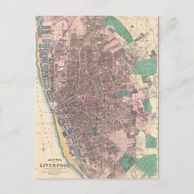 Postal Mapa de época de Liverpool England (1890) (Anverso)