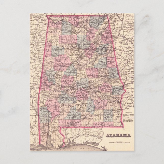 Postal Mapa de época de los condados de Alabama (1876) (Anverso)