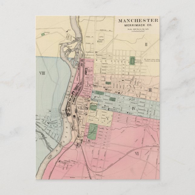 Postal Mapa de época de Manchester New Hampshire (1877) (Anverso)