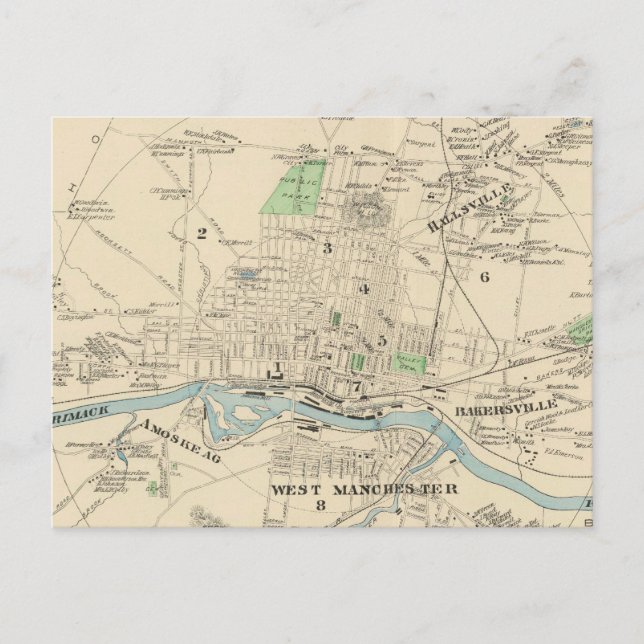 Postal Mapa de época de Manchester NH (1892) (Anverso)
