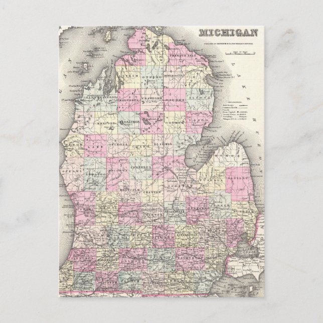 Postal Mapa de época de Michigan (1855) (Anverso)