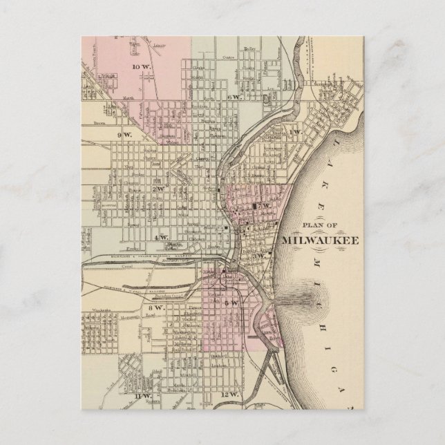 Postal Mapa de época de Milwaukee (1880) (Anverso)