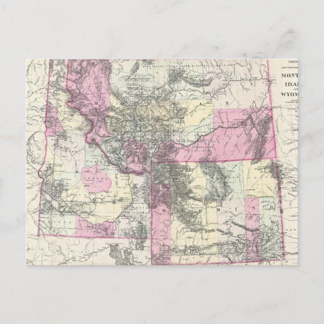 Postal Mapa de época de Montana, Wyoming e Idaho (1884) (Anverso)