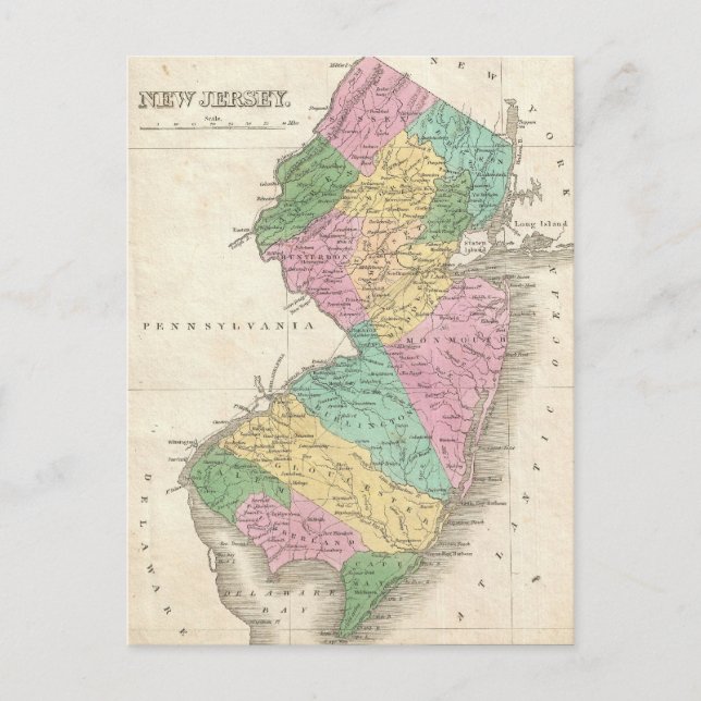 Postal Mapa de época de Nueva Jersey (1827) (Anverso)