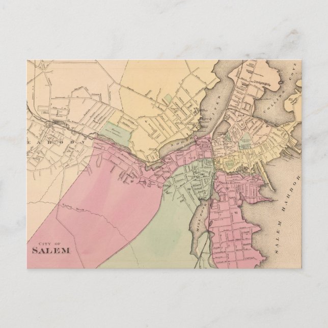 Postal Mapa de época de Salem Massachusetts (1871) (Anverso)