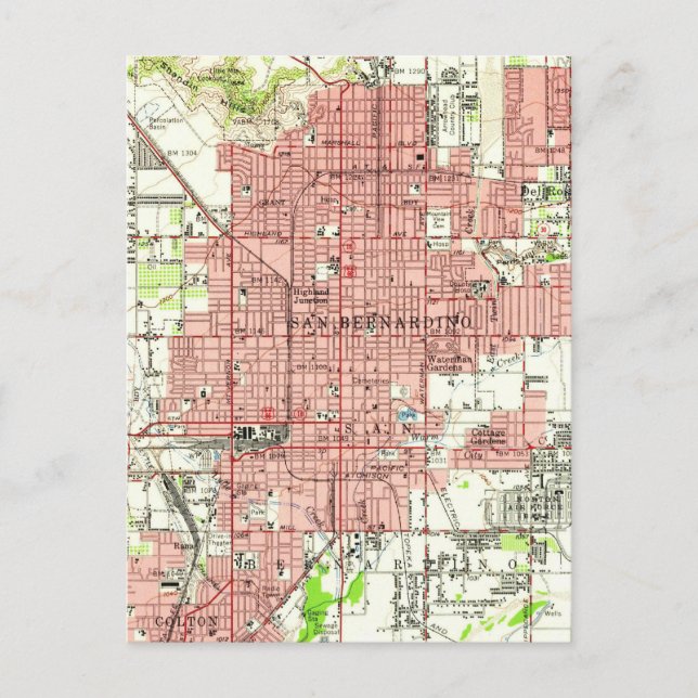 Postal Mapa de época de San Bernardino California (1954) (Anverso)