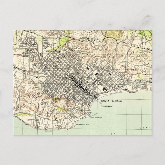 Postal Mapa de época de Santa Bárbara California (1944) (Anverso)