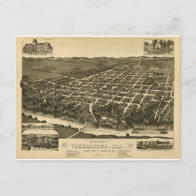 Postal Mapa de época de Tuskaloosa, Alabama - 1887 (Anverso)