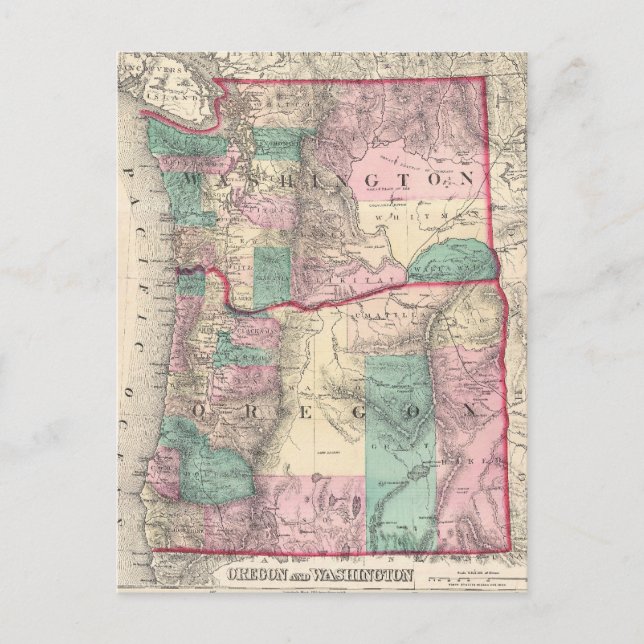 Postal Mapa de época de Washington y Oregón (1875) (Anverso)
