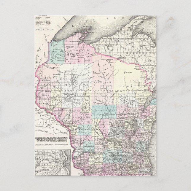 Postal Mapa de época de Wisconsin (1855) (Anverso)