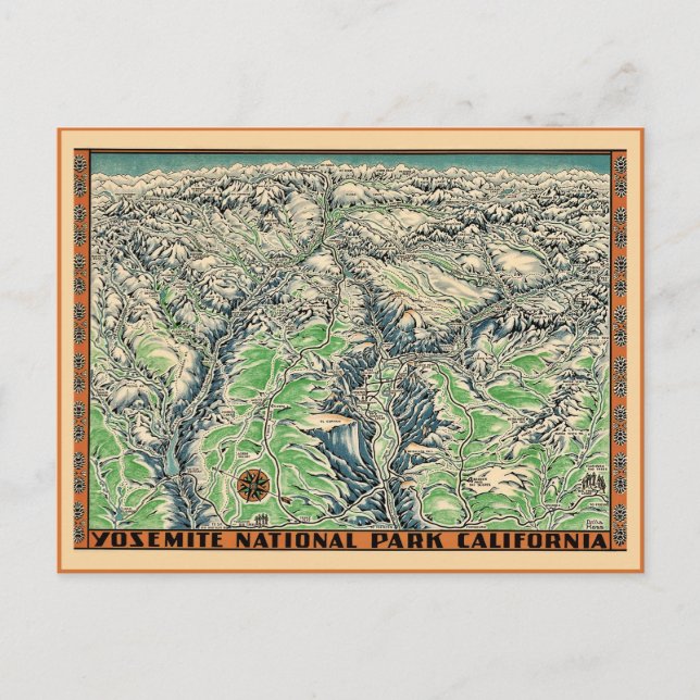 Postal Mapa de época de Yosemite (Anverso)