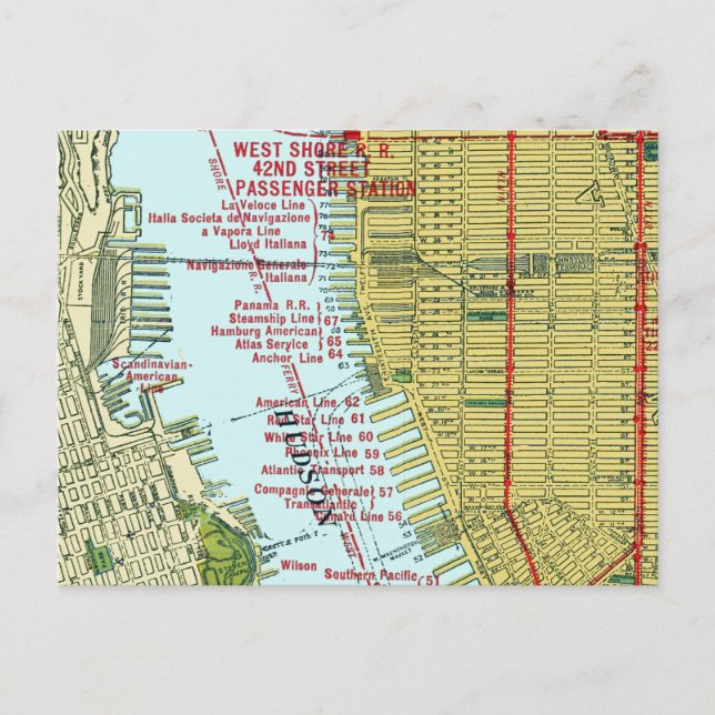 Postal Mapa de época del río Hudson y Manhattan (Anverso)
