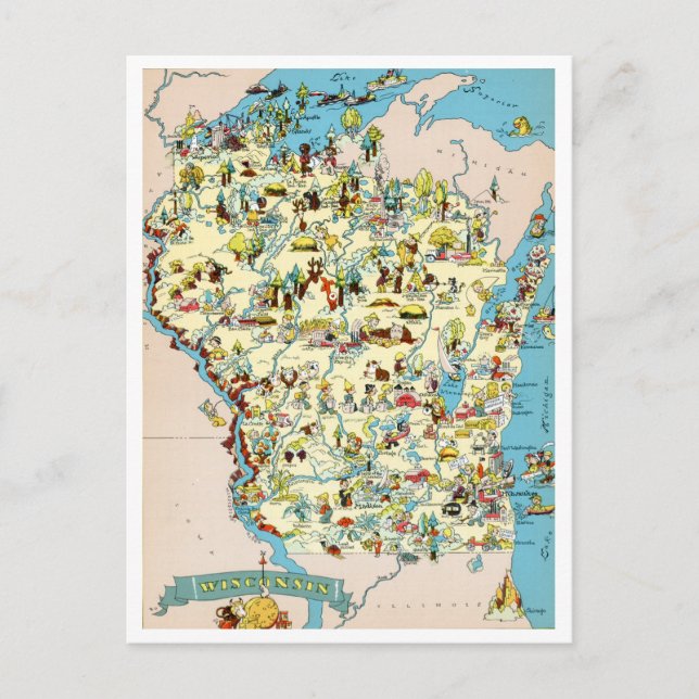 Postal Mapa de época divertida de Wisconsin (Anverso)