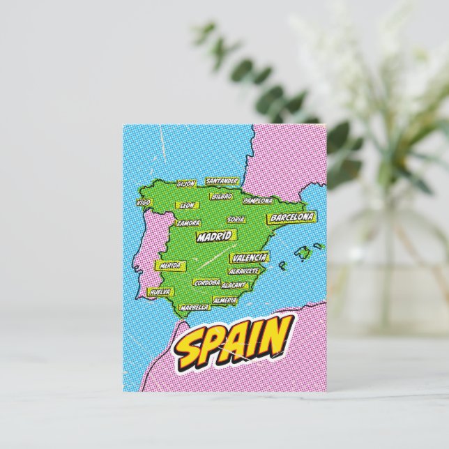 Postal Mapa de España ilustrado al estilo Pop Art (Anverso de pie)
