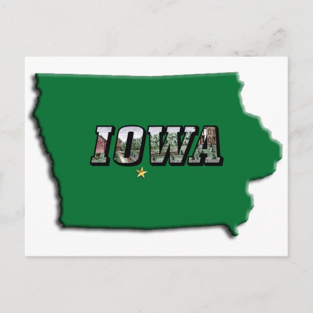 Postal Mapa de estado de Iowa Esquema verde y foto texto (Anverso)