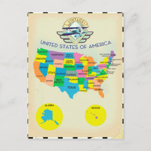 Postal Mapa de Estados Unidos de América al estilo vintag
