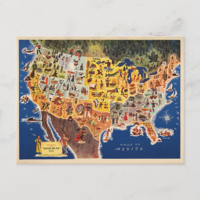 Postal Mapa de Estados Unidos - Vacaciones y juego (Anverso)