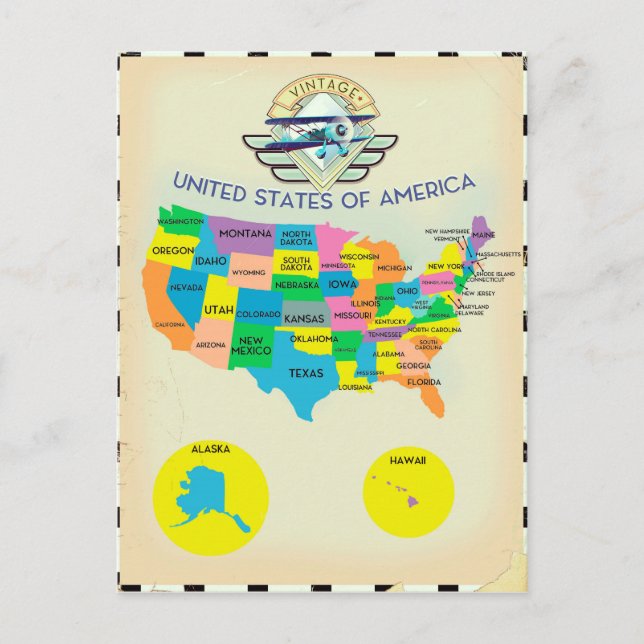 Postal Mapa de estilo vintage de Estados Unidos (Anverso)