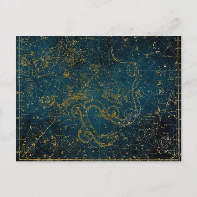 Postal Mapa de estrellas de oro y azul oscuro ilustrado d (Anverso)