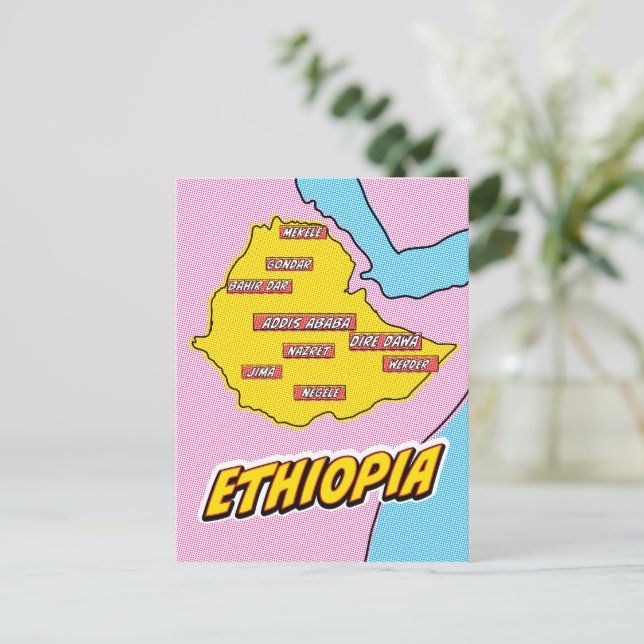 Postal Mapa de Etiopía ilustrado con arte pop (Anverso de pie)