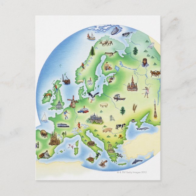 Postal Mapa de Europa con ilustraciones de famosos (Anverso)