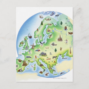Postal Mapa de Europa con ilustraciones de famosos