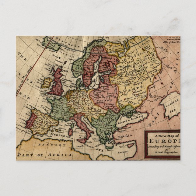 Postal Mapa de Europa de 1721 de Herman Moll (Anverso)