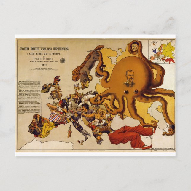 Postal Mapa de Europa - John Bull y sus amigos (1900) (Anverso)
