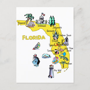 Postal Mapa de Florida con las principales ciudades Desti
