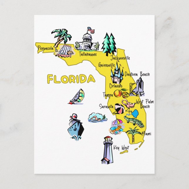 Postal Mapa de Florida con las principales ciudades Desti (Anverso)