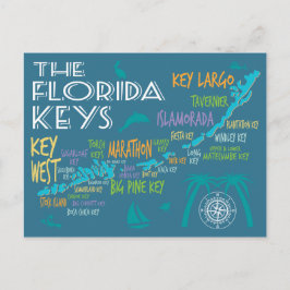 Postal Mapa de Florida Keys con coloridos nombres de isla